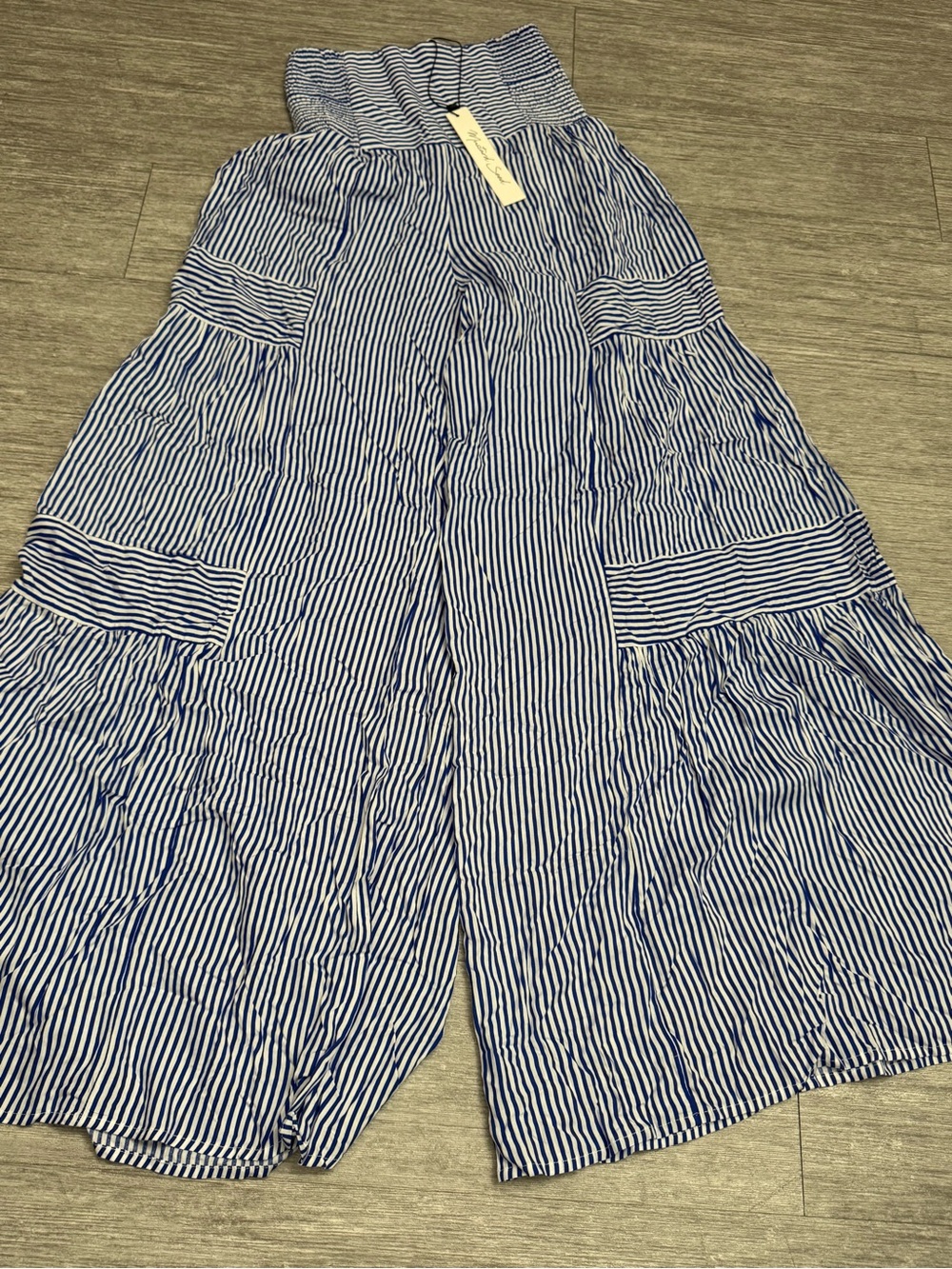 Mustard Seed Blue White Striped Tiered Wide Leg Pants Smocked Waist Size S NWT
